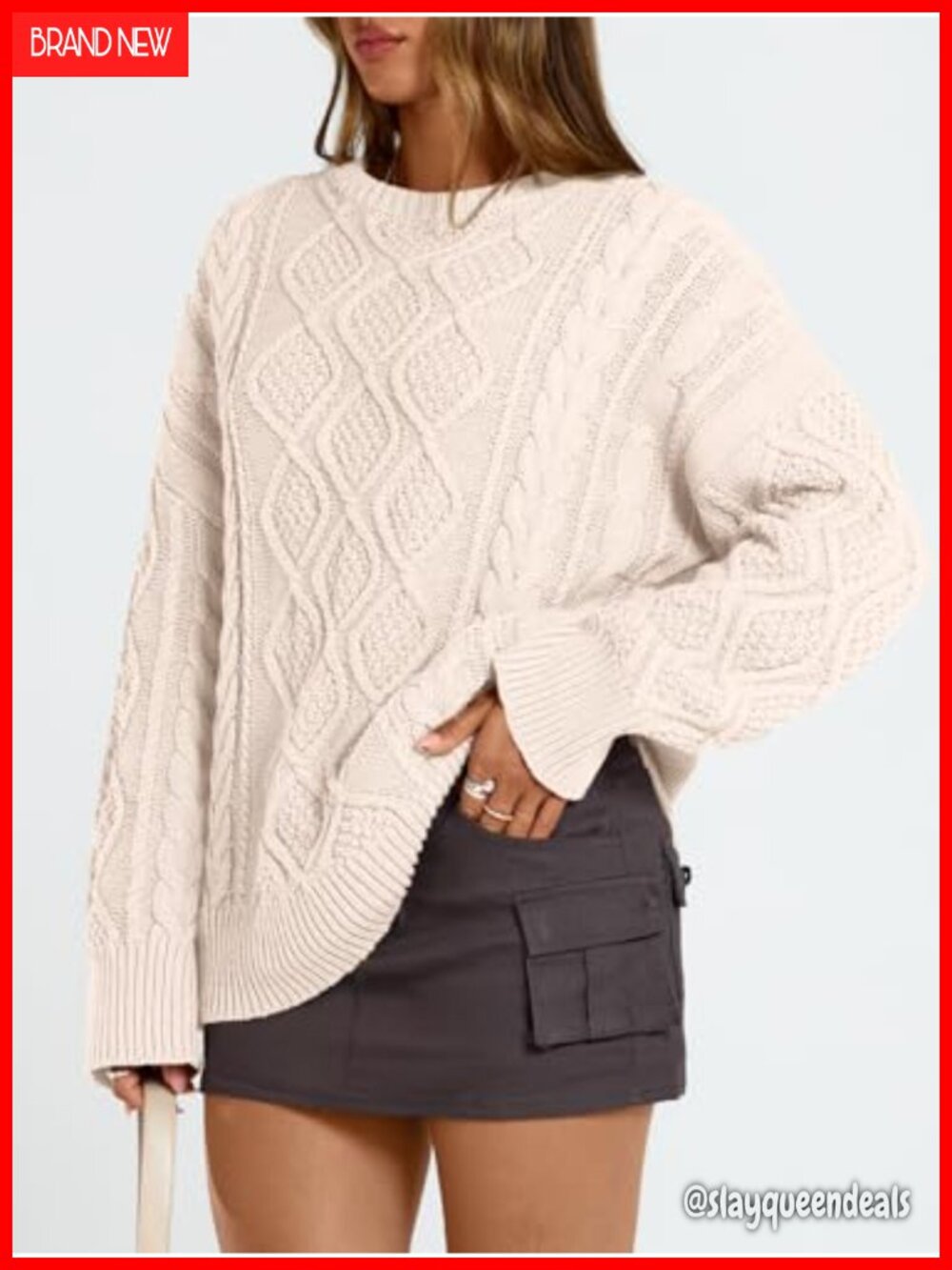 Women Oversized Cable Knit Sweater Pullover Long Sleeve - Picture 2 of 6